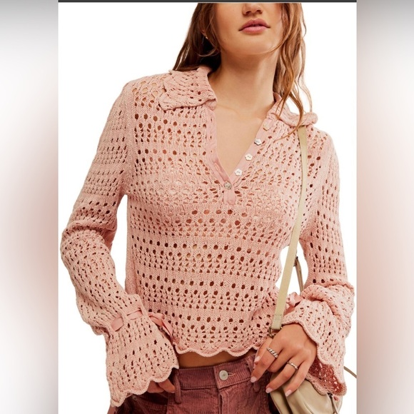 Free People Sweaters - Free People|| Pointelle Crochet Pullover in Mauve Rose, Size Small